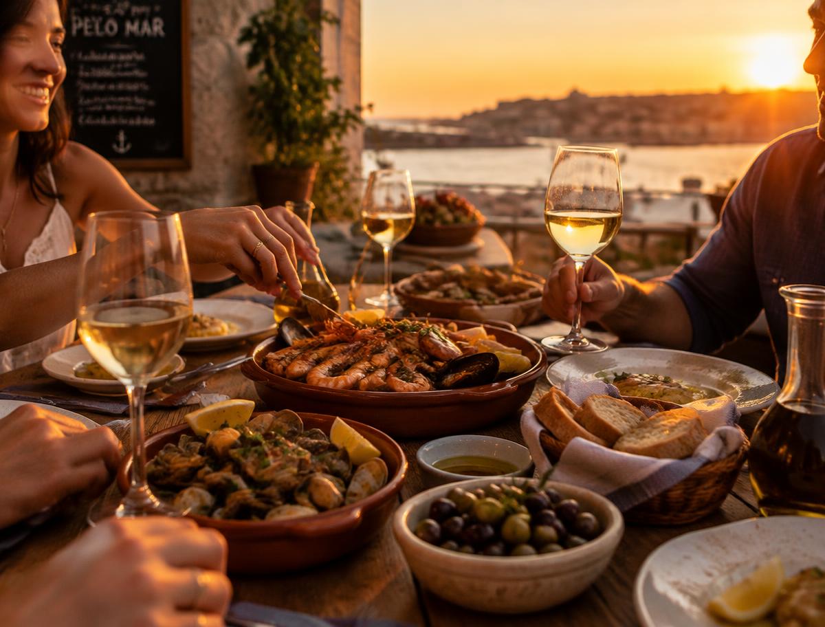 Mesa com petiscos e vinho ao pôr do sol